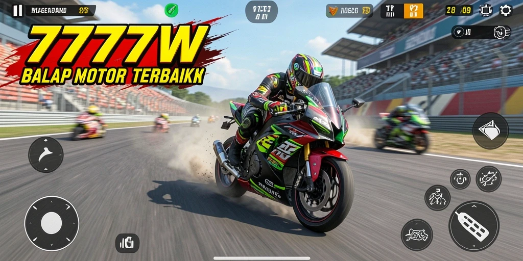 Screenshot gameplay dari 7777W yang menunjukkan aksi balapan motor yang mendebarkan.