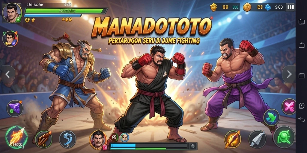 Tangkapan layar utama MANADOTOTO memperlihatkan aksi pertarungan yang mendebarkan.