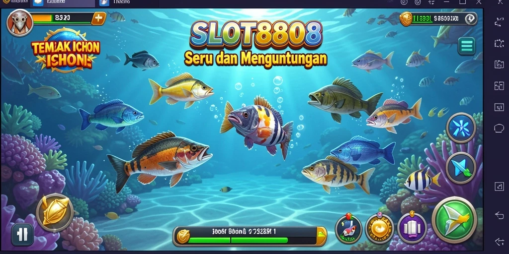 Tampilan gameplay SLOT8808 yang menampilkan aksi tembak ikan yang seru.
